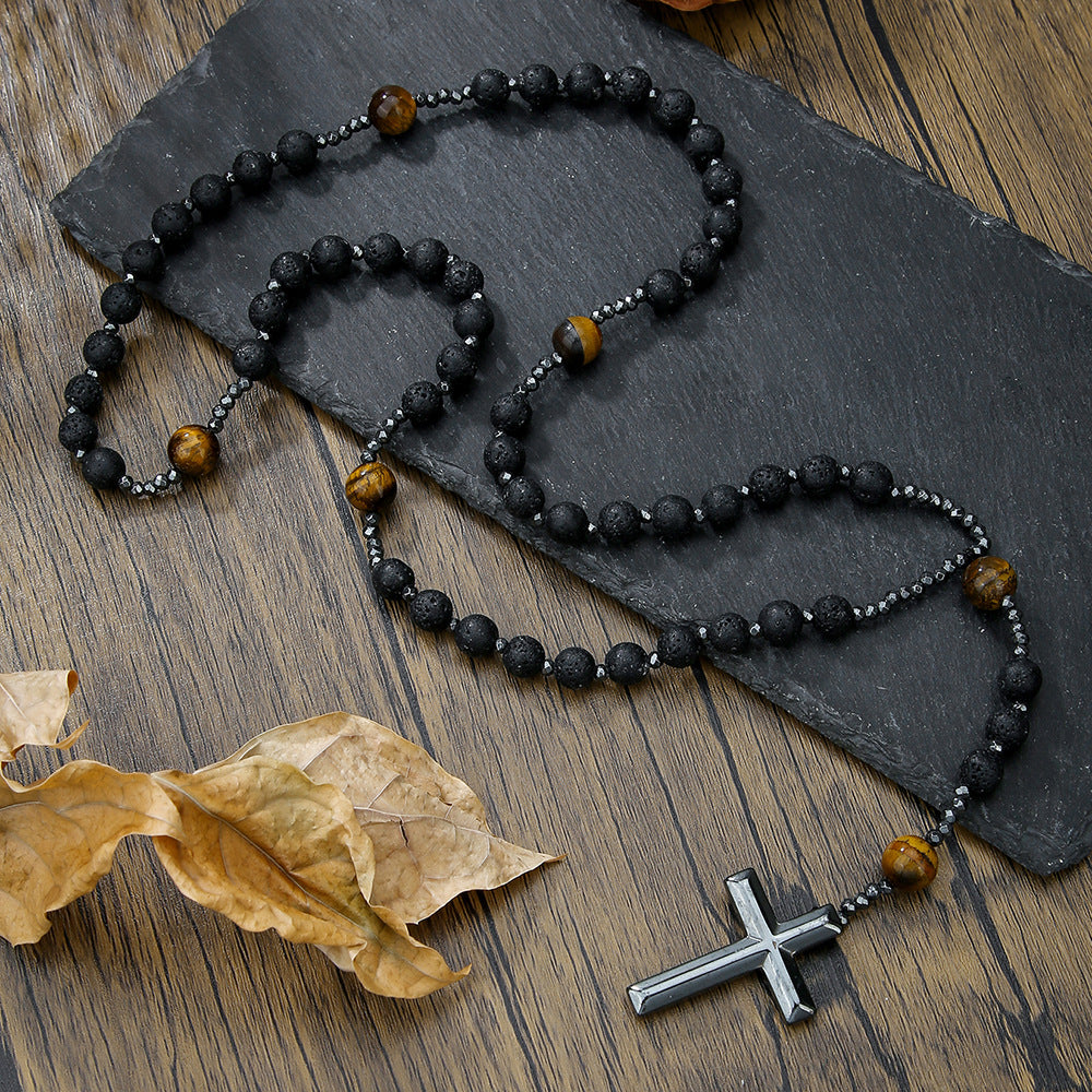 Wholesale Black gallstone yellow tiger eye iron stone cross necklace for men